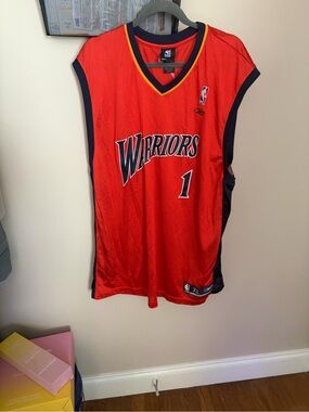 Reebok Red Warriors #1 Basketball Jersey with Navy Trim and Yellow Accent